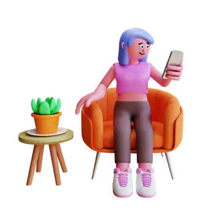 Young Girl Sit On Sofa And Using Smartphone  3D Illustration