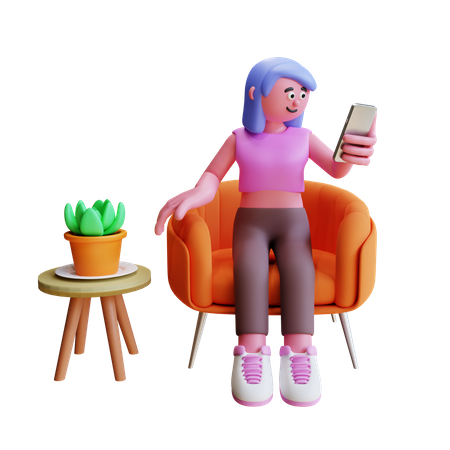 Young Girl Sit On Sofa And Using Smartphone 3D Illustration