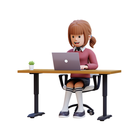 Young Girl Sitting At Desk With Laptop  3D Illustration