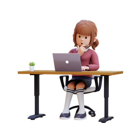 Young Girl Sitting At Desk With Laptop  3D Illustration