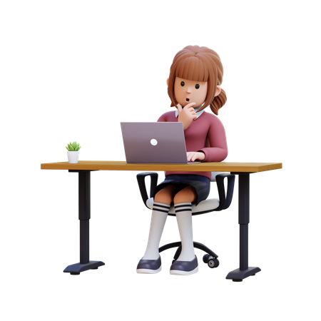 Young Girl Sitting At Desk With Laptop  3D Illustration