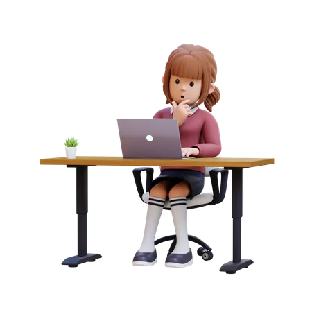 Young Girl Sitting At Desk With Laptop  3D Illustration