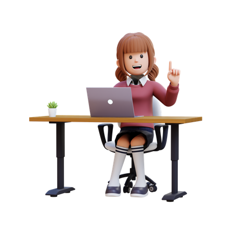 Young Girl Sitting At Desk With Laptop And Getting Idea  3D Illustration