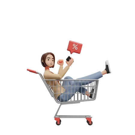 Young Woman Sitting In A Trolley Looking At A Mobile Phone Screen 3 D Illustration Of A Woman Shopping 3D Illustration