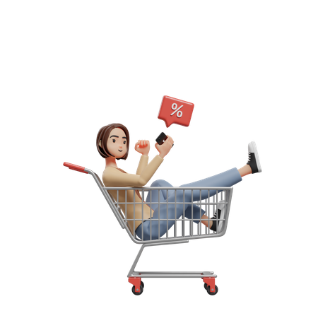 Young girl sitting in a trolley looking at a mobile  screen  3D Illustration