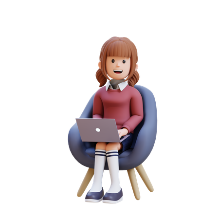 Young Girl Sitting In Chair With Laptop In Front Of Her  3D Illustration