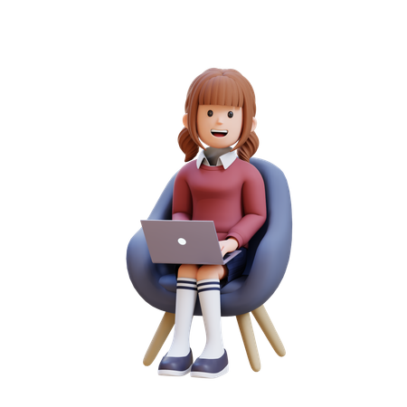 노트북을 앞에 두고 의자에 앉아 있는 어린 소녀  3D Icon