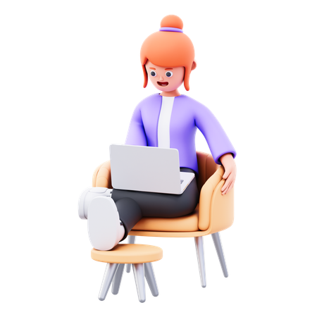 의자에 앉아 노트북을 보는 어린 소녀  3D Icon