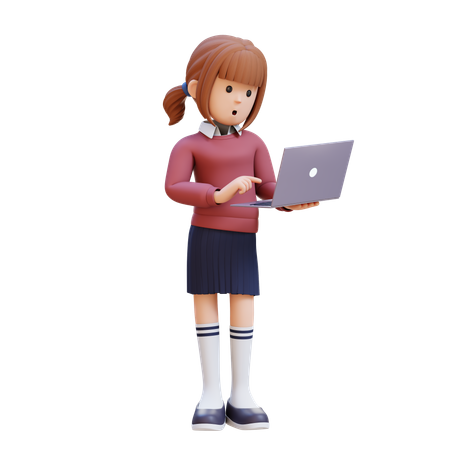 Young Girl Standing Confused Working On Laptop  3D Illustration