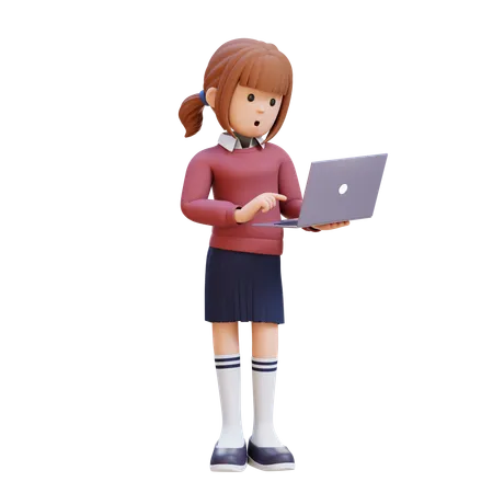 Young Girl Standing Confused Working On Laptop  3D Illustration