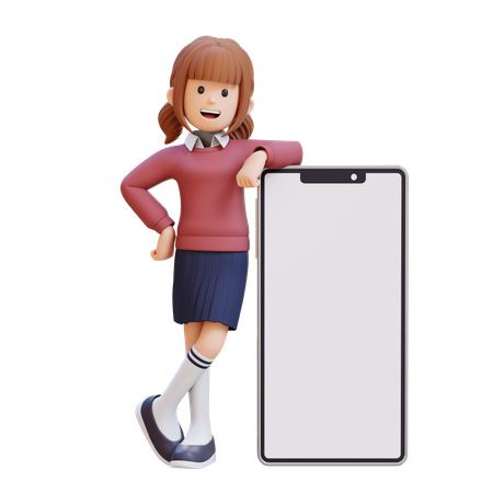 Young Girl Standing Next To Blank Cell Phone  3D Illustration