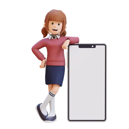 Young Girl Standing Next To Blank Cell Phone  3D Illustration
