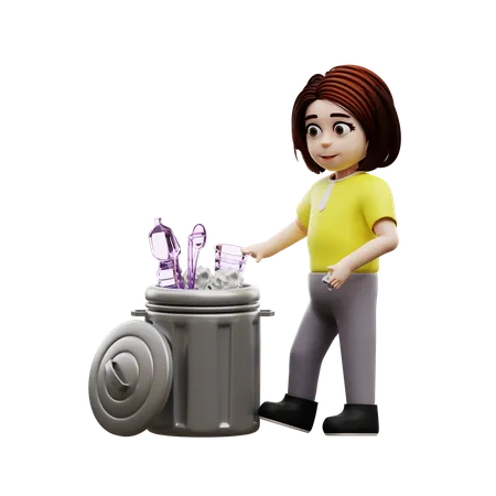 Young  girl student throwing garbage in trash bin  3D Illustration