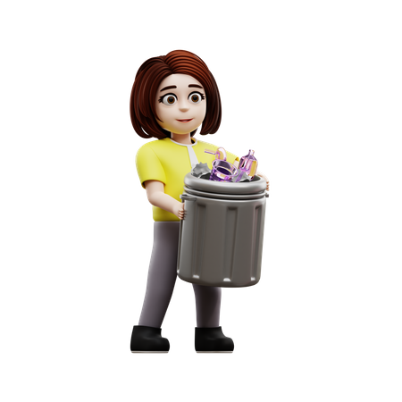 Young girl student throwing garbage in trash bin  3D Illustration
