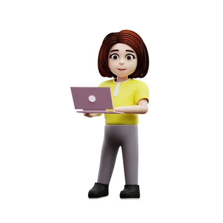 Young girl student using laptop for online study  3D Illustration