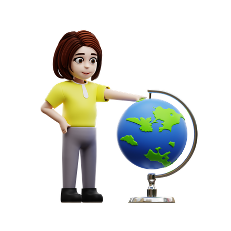 Young girl student with globe  3D Illustration