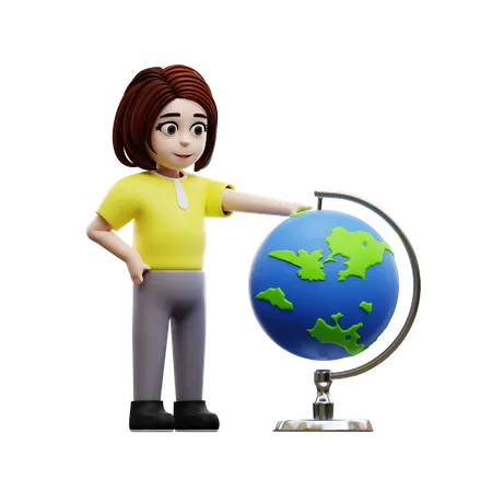 Young girl student with globe  3D Illustration