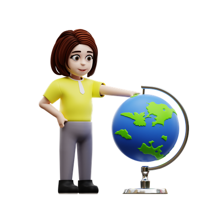 Young girl student with globe  3D Illustration