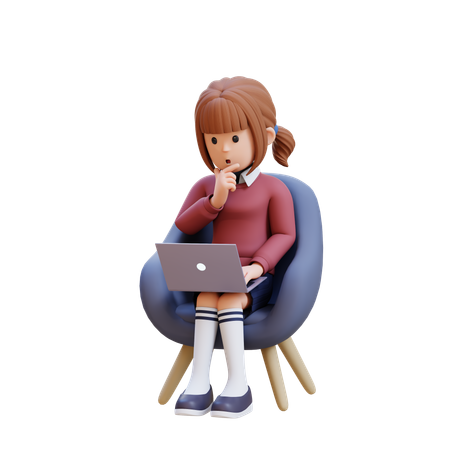Young Girl Thinking And Sitting In Chair With Laptop In Front Of Her  3D Illustration