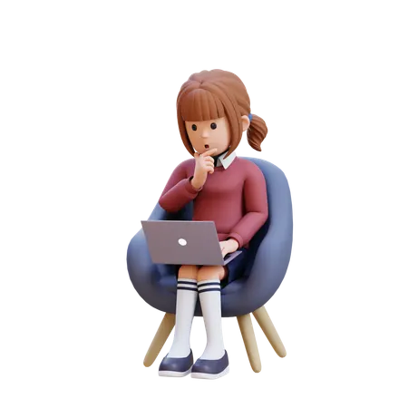 Young Girl Thinking And Sitting In Chair With Laptop In Front Of Her  3D Illustration