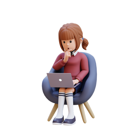 Young Girl Thinking And Sitting In Chair With Laptop In Front Of Her  3D Icon