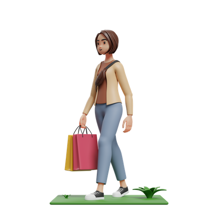 Young girl walking and holding the shopping bag  3D Illustration