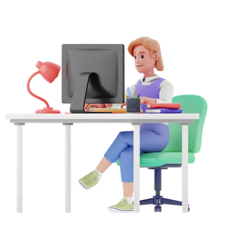 Young Girl Working At Office  3D Illustration