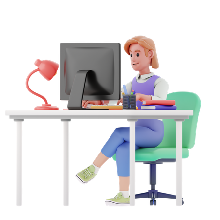 Young Girl Working At Office  3D Illustration