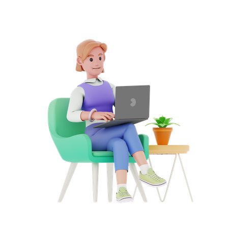 Young Girl Working On Laptop  3D Illustration