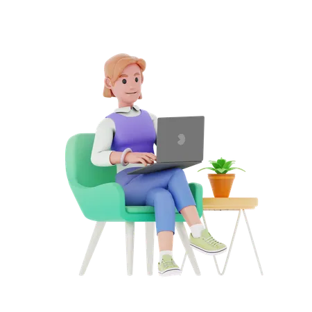 Young Girl Working On Laptop  3D Illustration