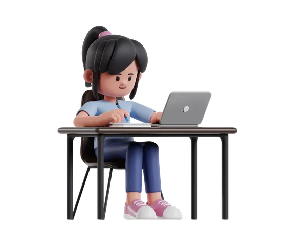 Young Girl Working On Laptop At Desk While Writing Notes  3D Illustration