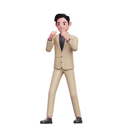 Young handsome businessman with fight pose wearing an elegant suit 3D Illustration
