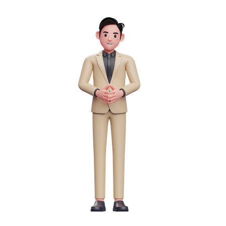 Young handsome businessman with hand gesture steeple 3D Illustration