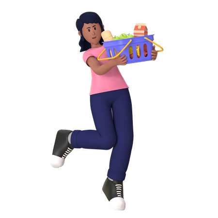 Young Lady Holding Shopping Basket  3D Icon