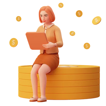 Young lady monitoring business performance and got a lot money  3D Illustration