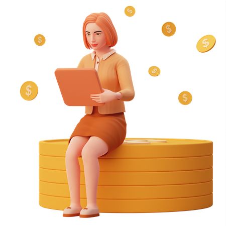 Young lady monitoring business performance and got a lot money 3D Illustration