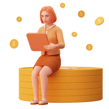 Young lady monitoring business performance and got a lot money 3D Illustration