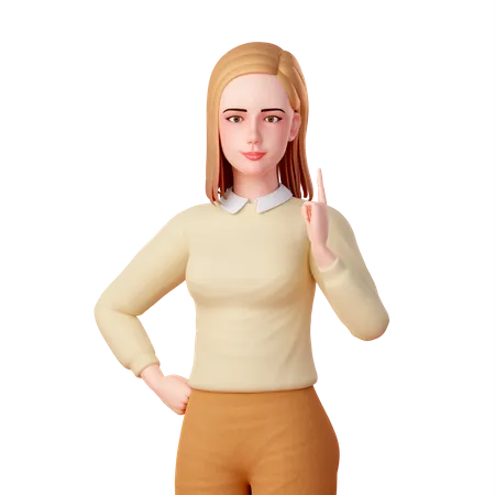 Young lady Pointing Upwards with Her Left Hand Index Finger  3D Illustration