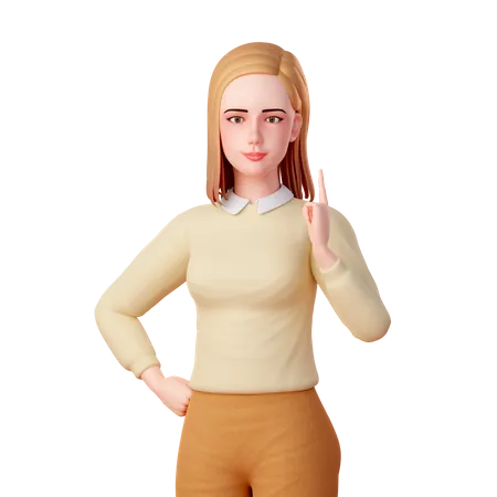 Young lady Pointing Upwards with Her Left Hand Index Finger 3D Illustration