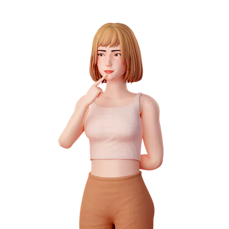 Young lady Putting Finger on Chin and thinking something  3D Illustration