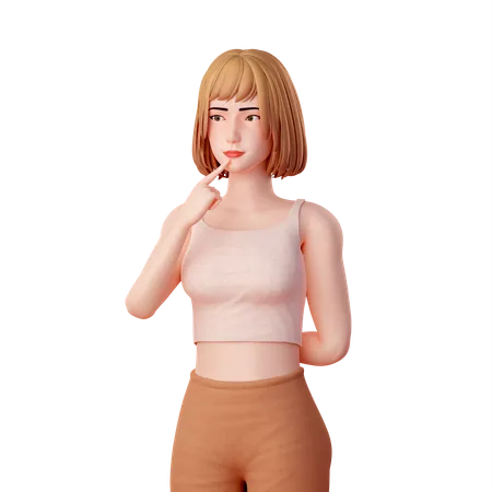 Young lady Putting Finger on Chin and thinking something 3D Illustration