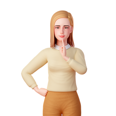 Young lady Putting Her Index Finger to Her Chin in Thought  3D Illustration