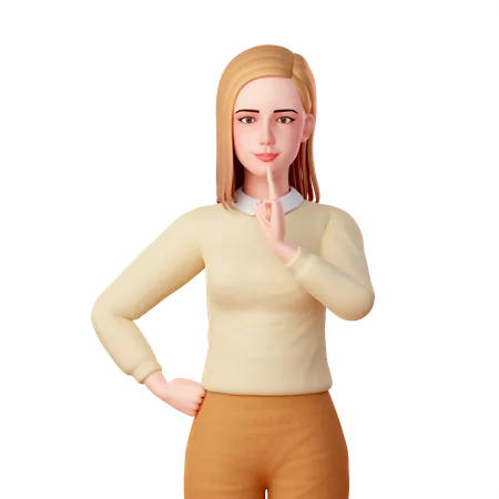 Young lady Putting Her Index Finger to Her Chin in Thought  3D Illustration