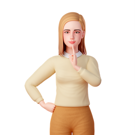 Young lady Putting Her Index Finger to Her Chin in Thought 3D Illustration