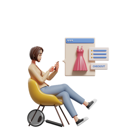 Young lady sitting on a chair and selecting products to buy  3D Illustration