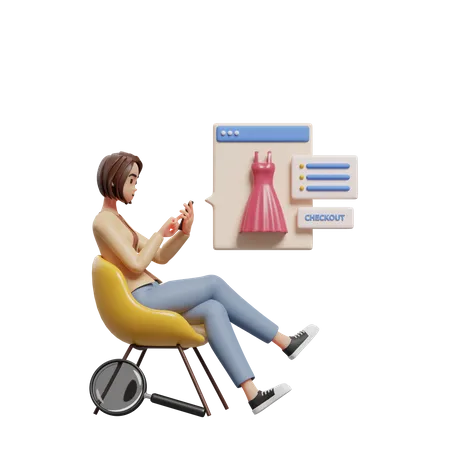 Young lady sitting on a chair and selecting products to buy  3D Illustration