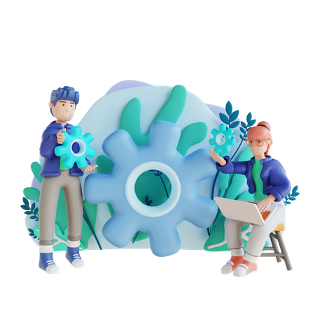 Young man and woman managing work together  3D Illustration