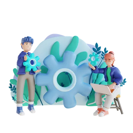 Young man and woman managing work together  3D Illustration
