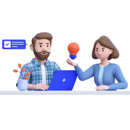 Young Man And Woman Working Together While Getting Business Idea  3D Illustration