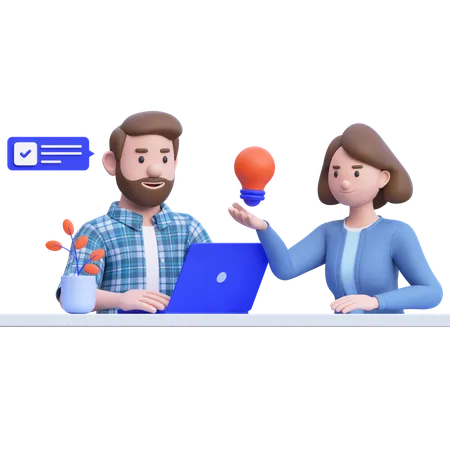 Young Man And Woman Working Together While Getting Business Idea  3D Illustration